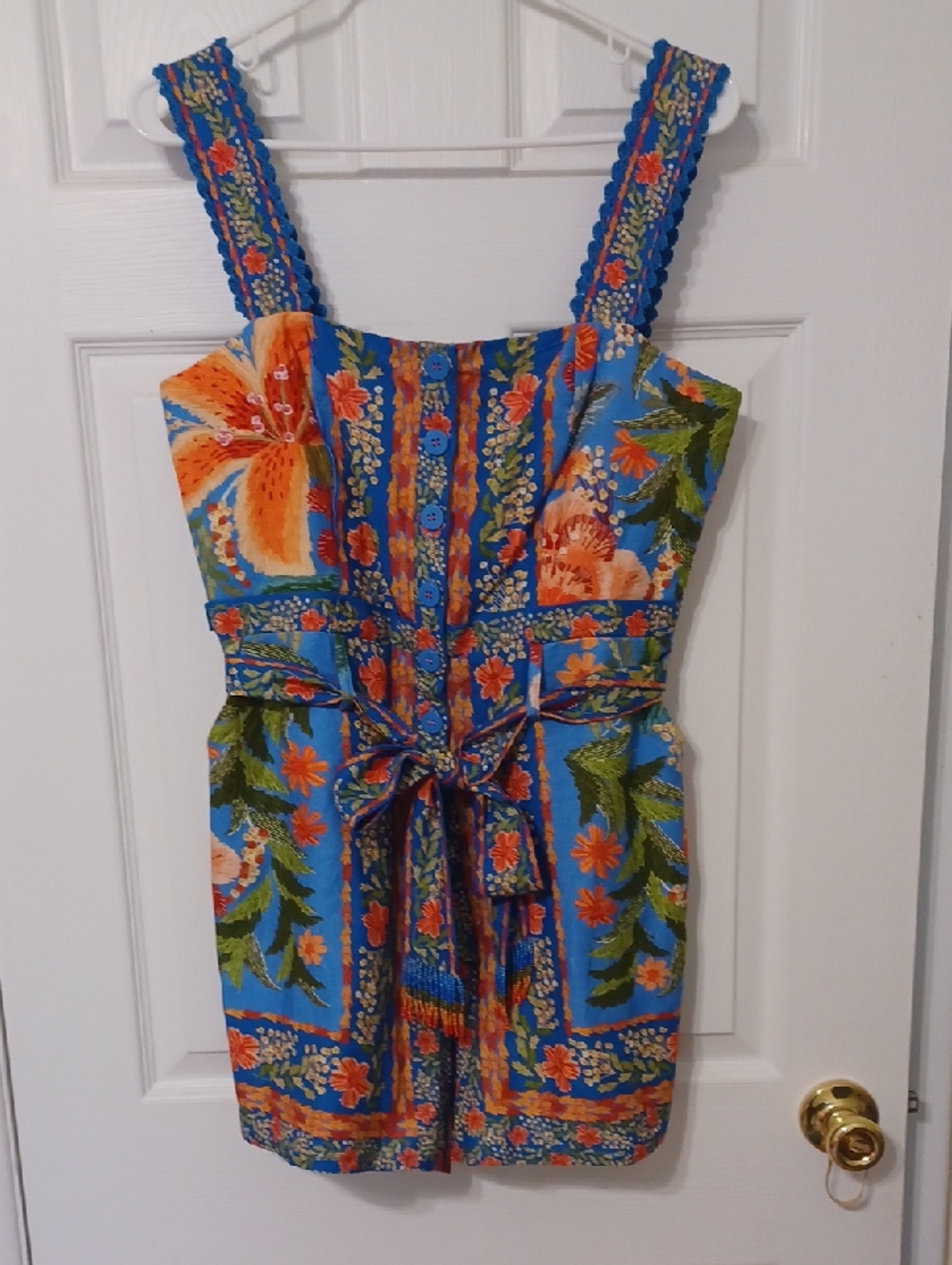 Farm RIO SZ M, Blue Floral Romper with Beaded Belt, Embroidered Shoulders